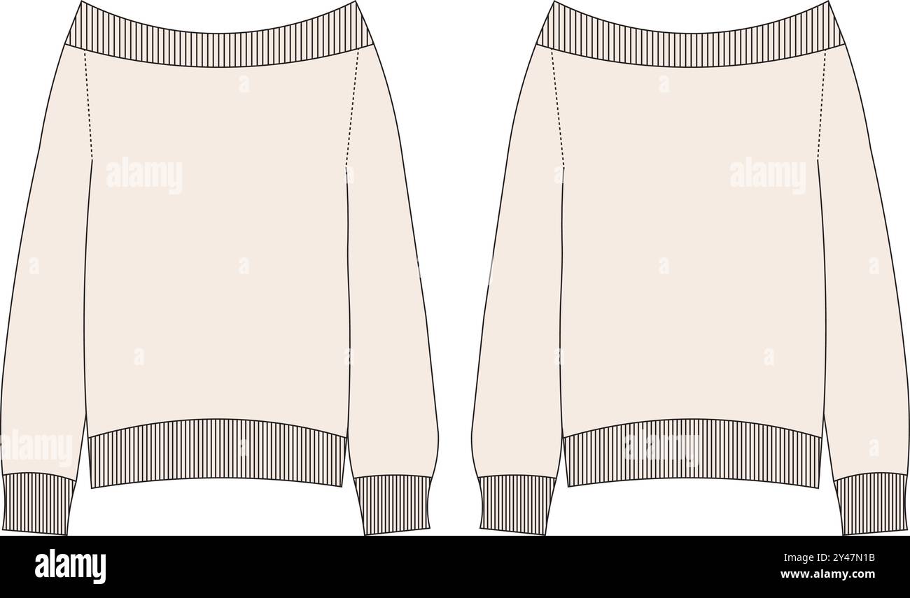 Pullover elastico a coste a maniche lunghe, con collo a barca più profondo, disegno tecnico, modelli di moda, disegno CAD di moda, schizzo piatto in tessuto Illustrazione Vettoriale