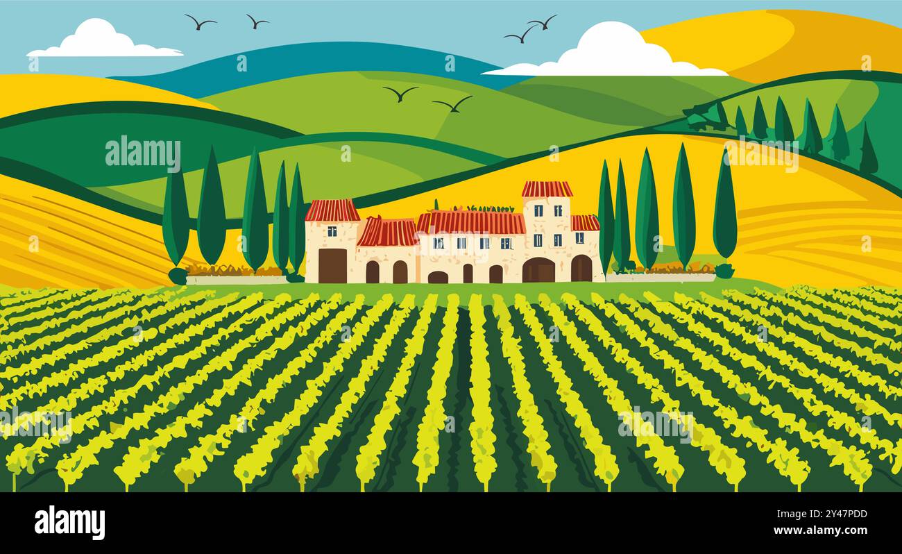 Splendida campagna provenzale con una casa Illustrazione Vettoriale