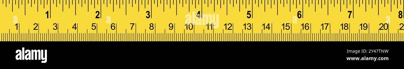 Nastro di misurazione, nastro retrattile giallo, bilance in pollici e cm, misura nastro su misura, strumento di misurazione giallo Illustrazione Vettoriale
