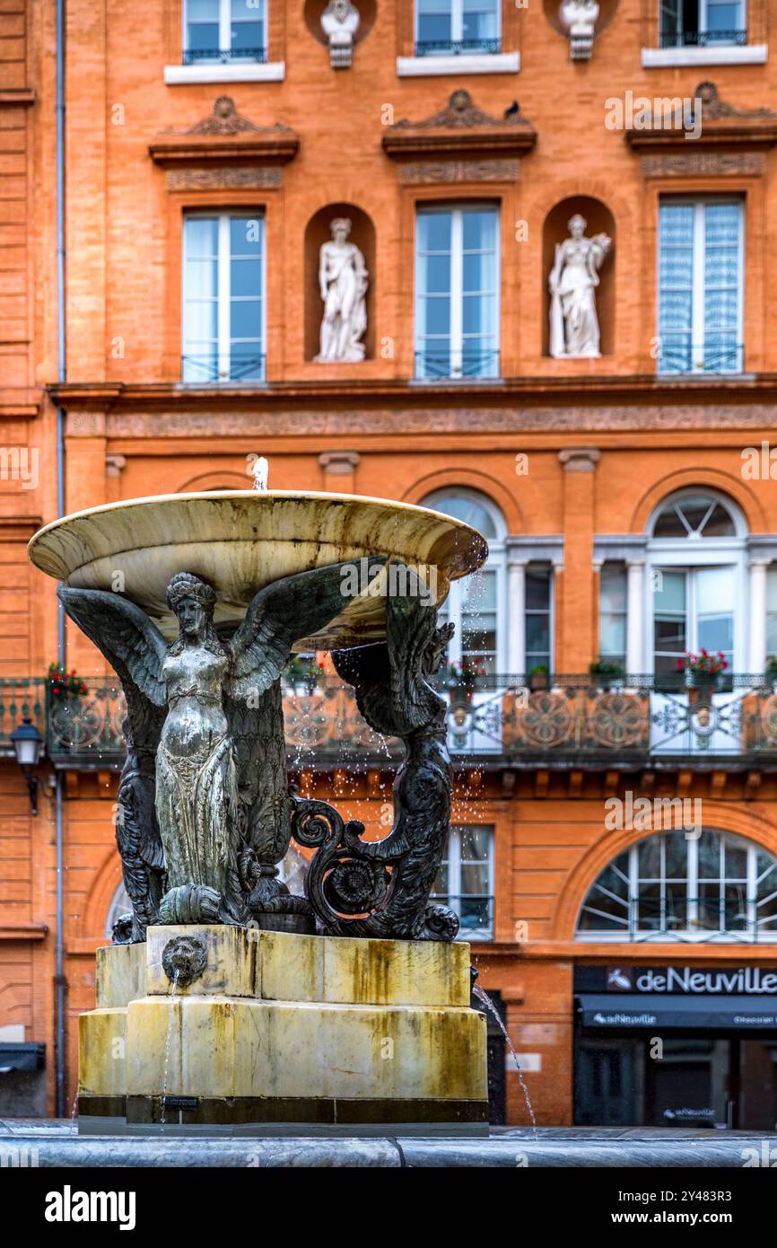 Tolosa, Francia - 8 settembre 2024: Fontana di Place de la Trinité nel centro storico di Tolosa Foto Stock