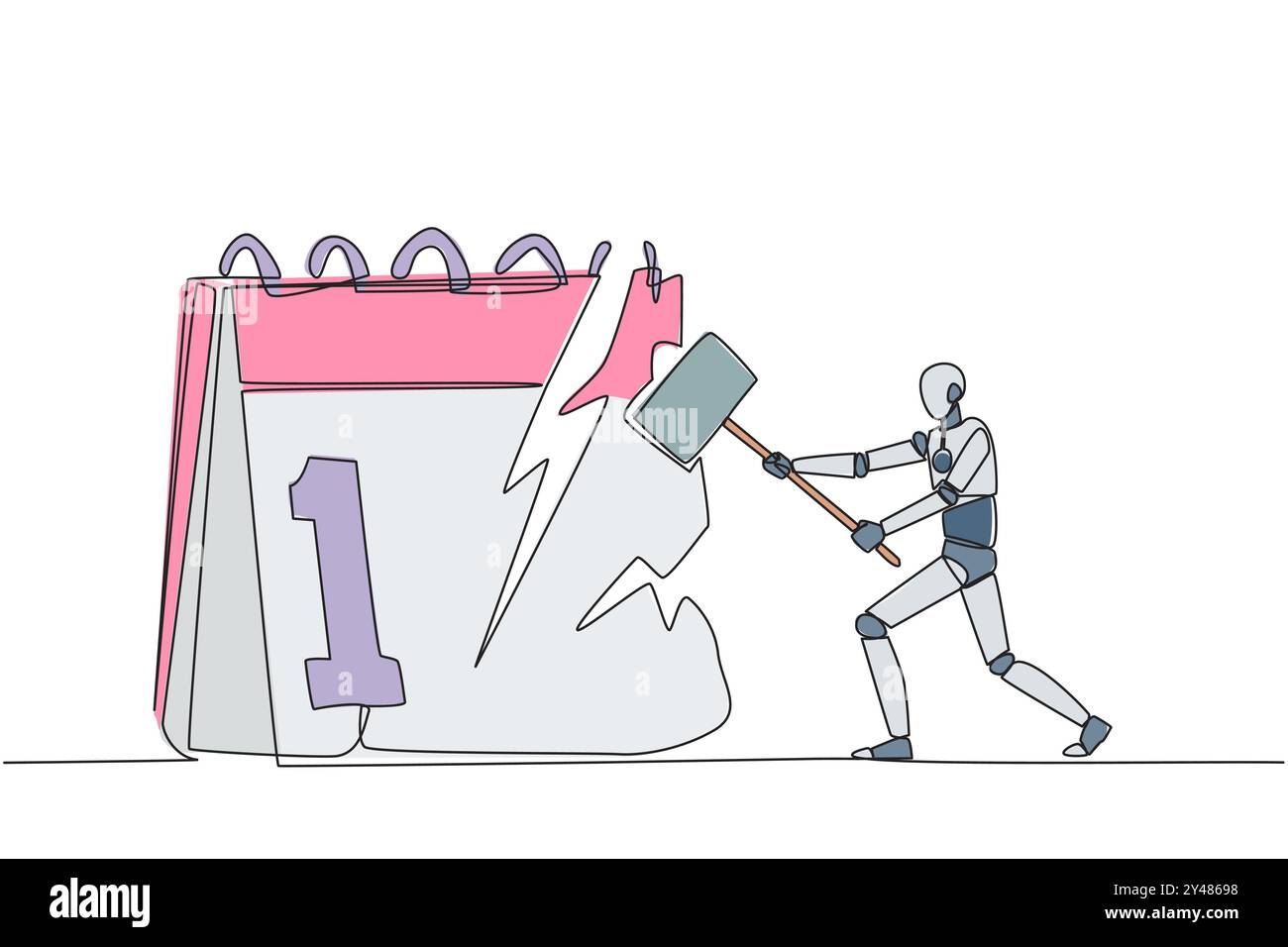 Linea singola continua disegnando robot intelligenti che si preparano a colpire il calendario di una grande scrivania. Espressione molto arrabbiata. Molte scadenze, programmi per le festività Illustrazione Vettoriale