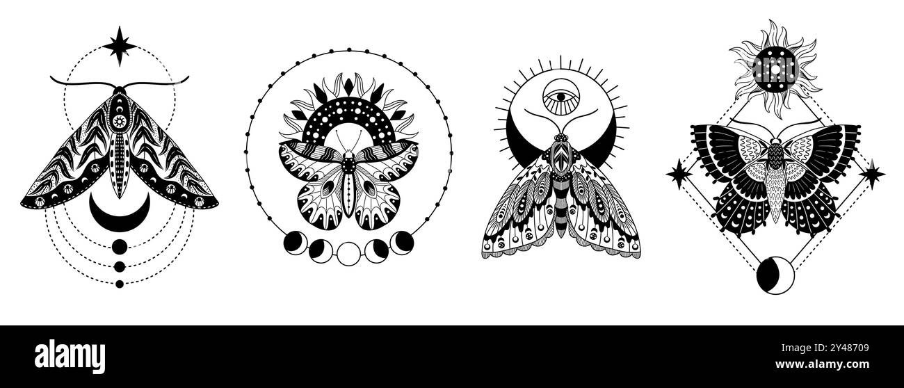 Concetto di astrologia mistica delle farfalle. Segno zodiaco astrologico della farfalla, tarocchi esoterici magici e simbolo dell'oracolo, incisione vintage disegnata a mano. Vettore Illustrazione Vettoriale