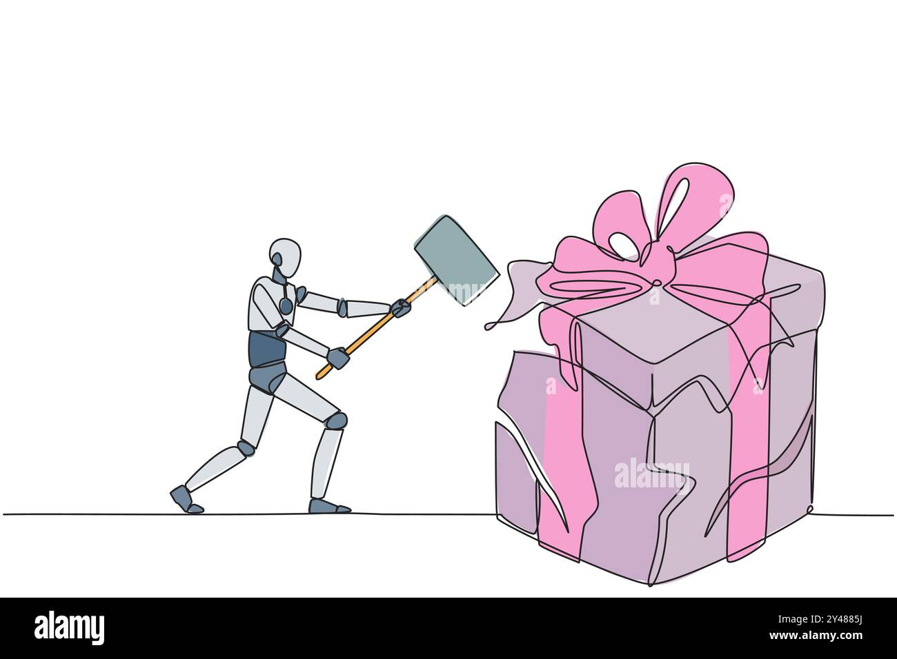 Una sola linea disegna un robot intelligente che si prepara a colpire la grande confezione regalo. Il robot esprime delusione. Distruggendo tutto ciò che si vede. Arrabbiato. Madn Illustrazione Vettoriale