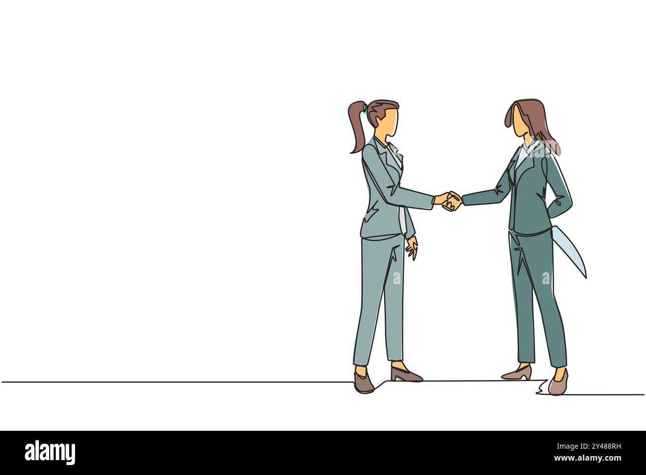 Una linea continua che attira due donne d'affari che stringono la mano. Uno di loro tiene il coltello dietro. Preparatevi a pugnalare. Deve vincere a tutti i costi. Trai Illustrazione Vettoriale