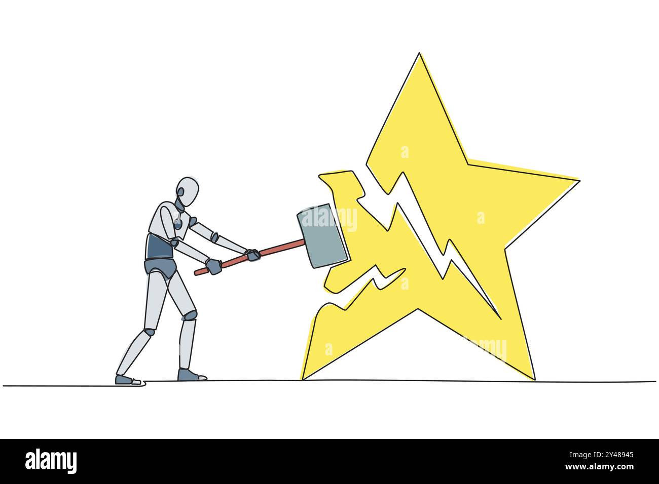 Linea singola continua che disegna un robot intelligente che si prepara a colpire la grande stella. Il distruttore del sogno. Non è riuscito a ottenere la migliore posizione di carriera. Eccesso di rabbia Illustrazione Vettoriale
