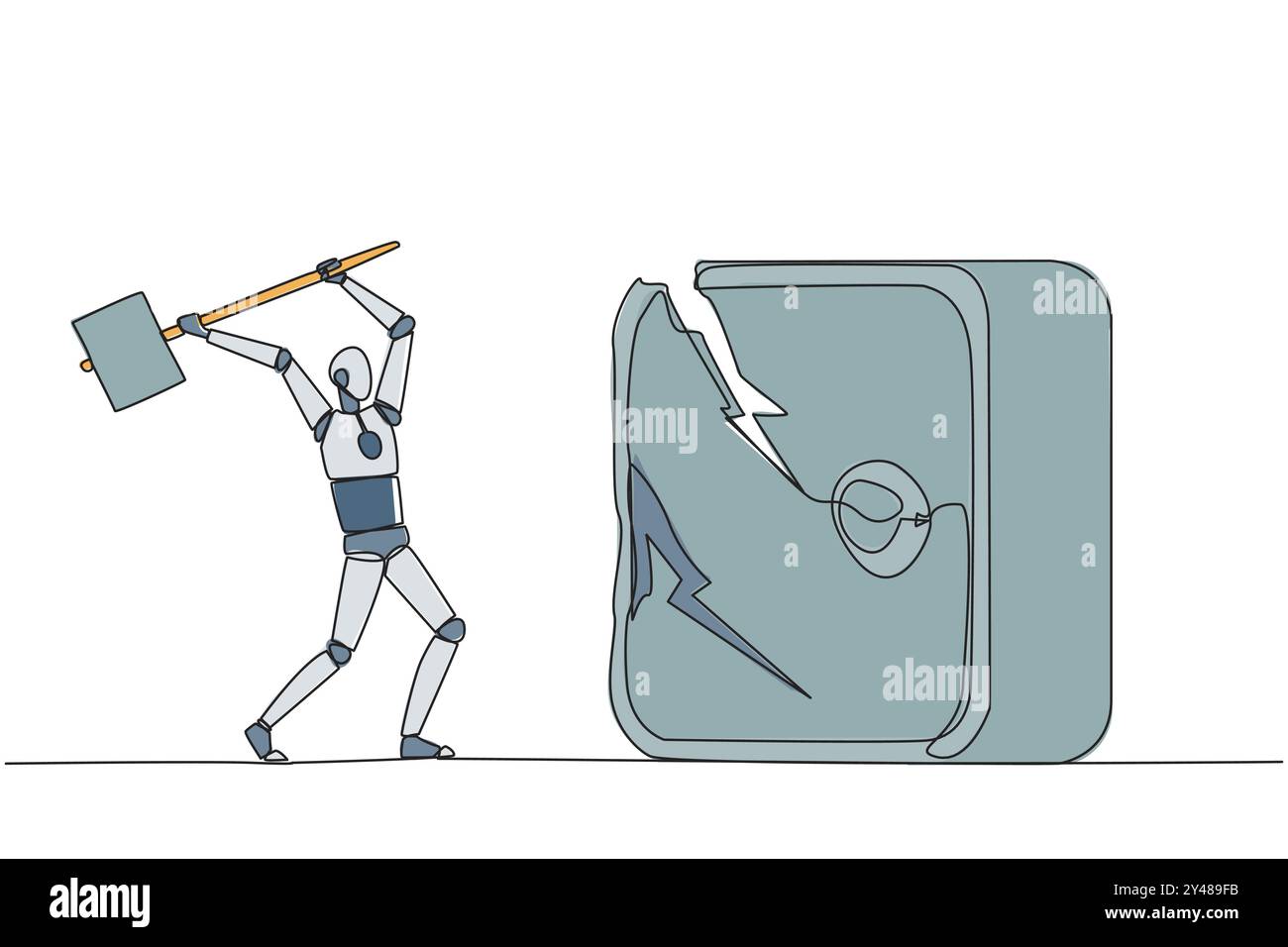 Linea singola continua che disegna un robot intelligente che si prepara a colpire la grande cassetta di sicurezza. Boss è furioso voler distruggere con il martello. Il robot arrabbiato. Illustrazione Vettoriale