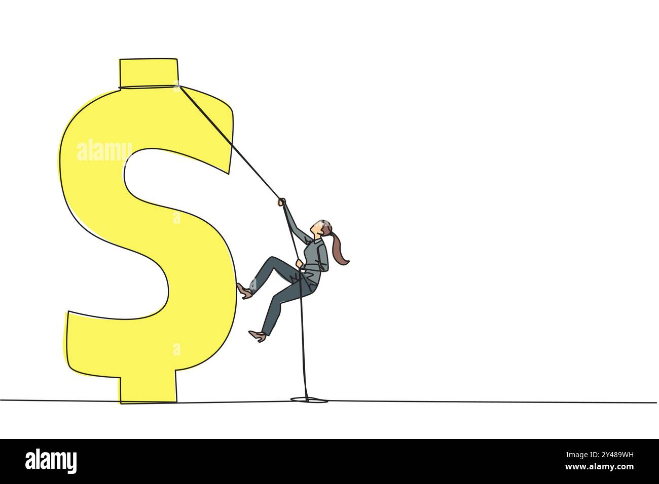 Una linea continua che disegna una donna d'affari sale il simbolo del dollaro. Metafora alla ricerca di denaro extra a causa di esigenze elevate. Lavoro intelligente combinato con duro lavoro Illustrazione Vettoriale