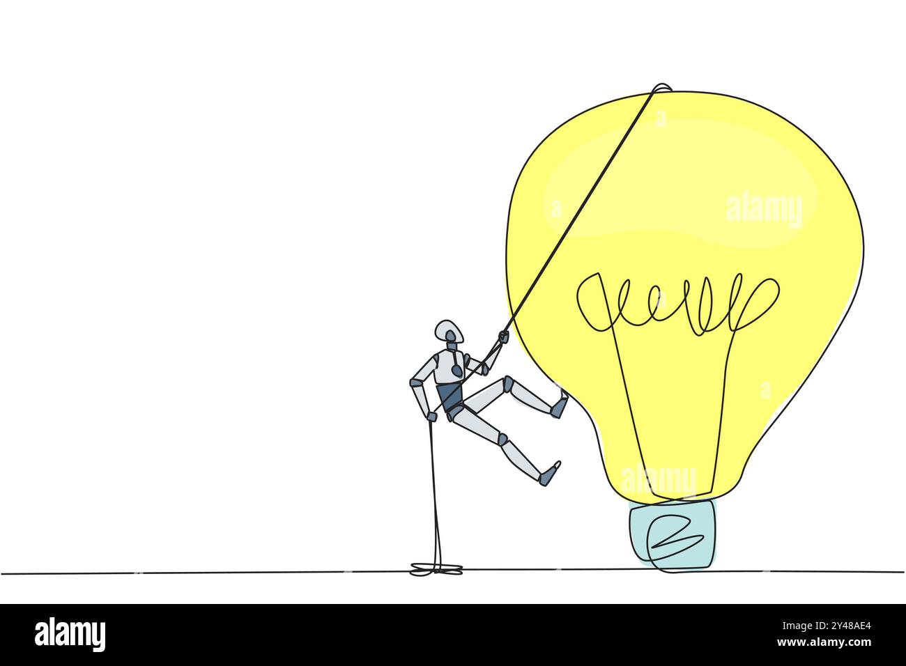 Una sola linea disegna una lampadina robot intelligente che si arrampica con la fune. Cercare di raggiungere luoghi alti per ottenere idee nuove e utili. A vantaggio dell'azienda Illustrazione Vettoriale