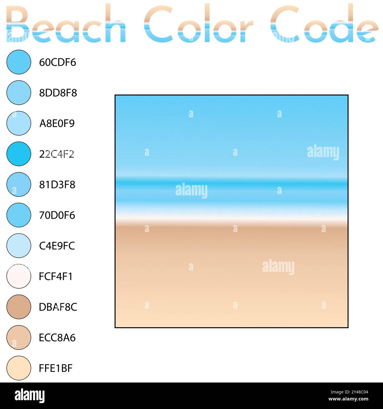 Tavolozza dei colori appropriata per foto di spiaggia e mare sabbiosi. Set di combinazioni di colori RGB, HSL e codice ESADECIMALE. illustrazione vettoriale tavolozza colori spiaggia. Illustrazione Vettoriale