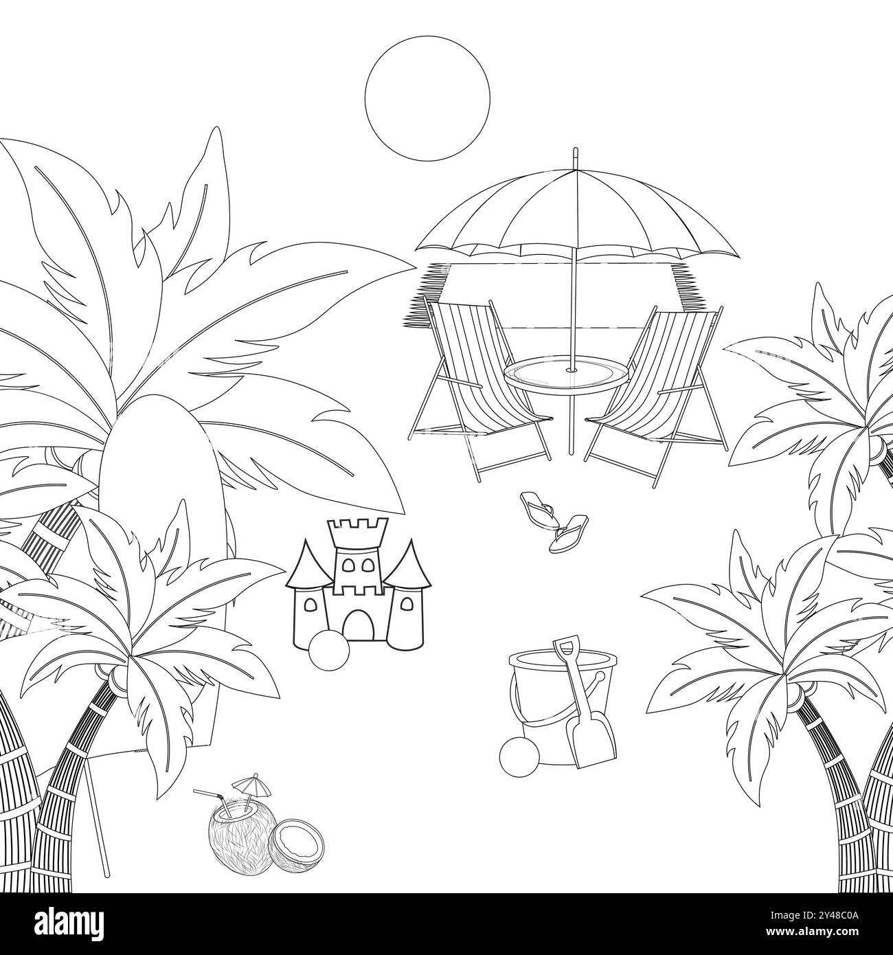 Sunset Beach Vector Design. Ombrellone, palla, secchio, palma, ombrellone, infradito, casa di sabbia, tavolo e sedia. Illustrazione vettoriale scena spiaggia Illustrazione Vettoriale