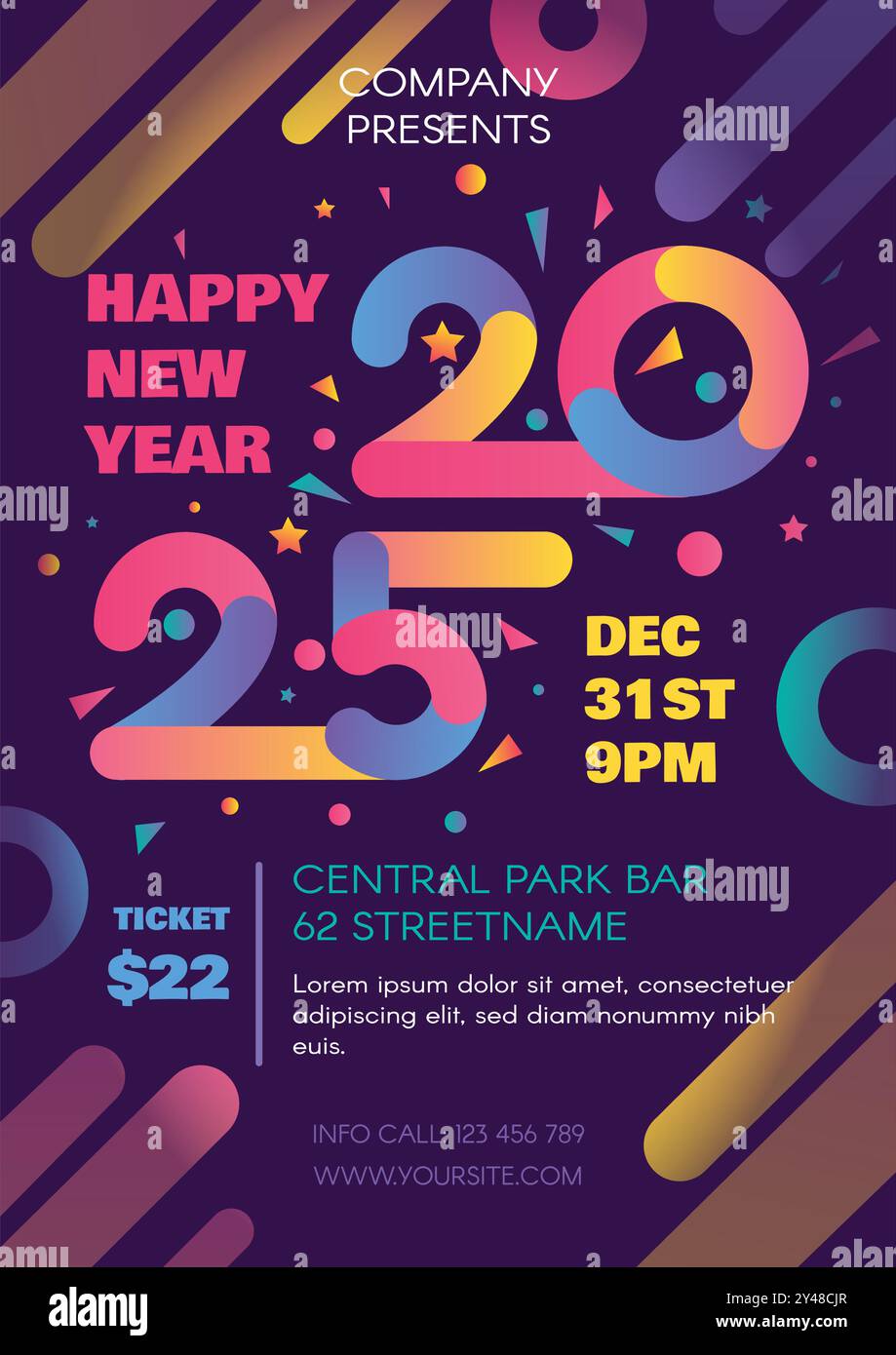 Poster vettoriale di Capodanno dal design vivace con numero 2015 e modello di testo circondato da linee sfumate e coriandoli colorati. Il poster con geomet Illustrazione Vettoriale