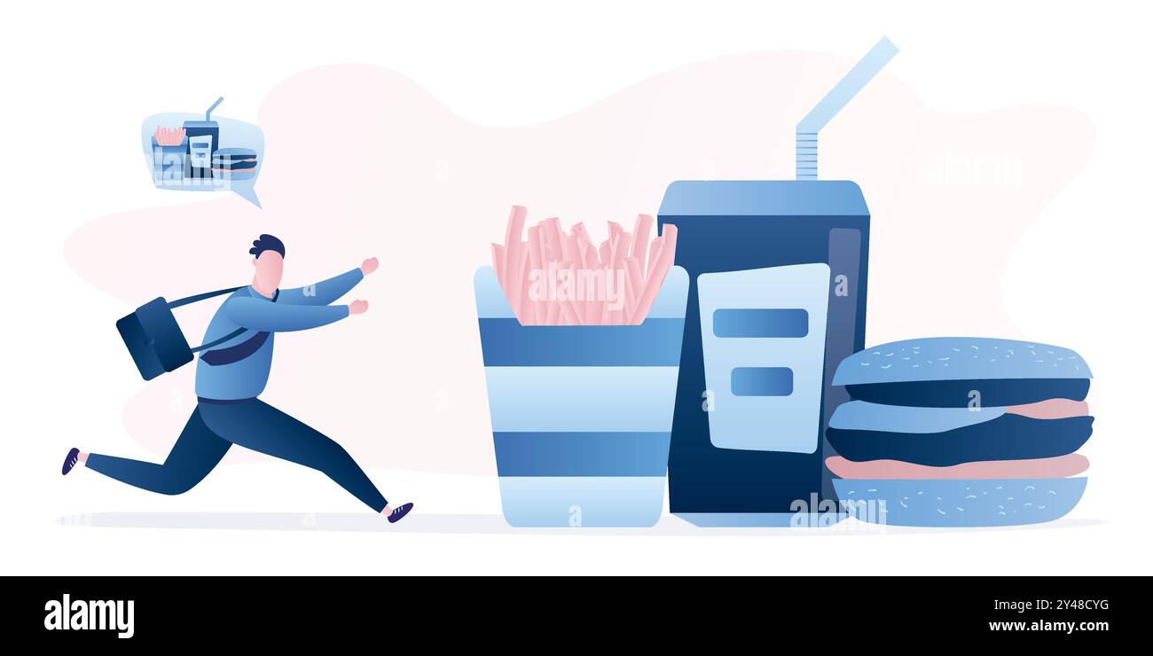 Un impiegato affamato corre a mangiare. Il bel personaggio maschile vuole il fast food. Hamburger, patatine fritte e bevande. Concetto di tempo di pausa. Colore blu alla moda Illustrazione Vettoriale Un impiegato affamato corre a mangiare. Il bel personaggio maschile vuole il fast food. Hamburger, patatine fritte e bevande. Concetto di tempo di pausa. Colore blu alla moda Illustrazione Vettoriale