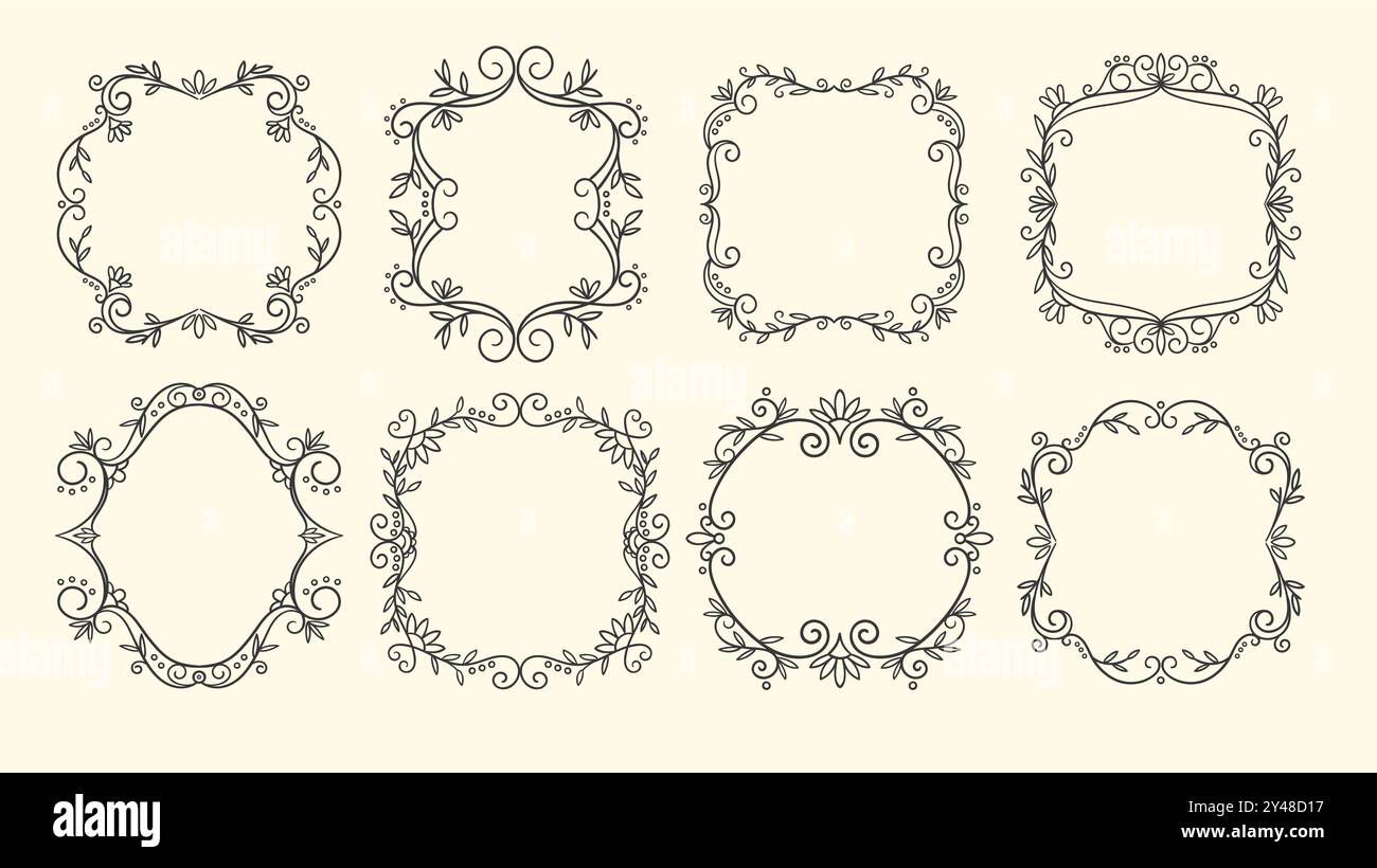 Graziosa collezione di cornici decorative Swirl. Stile vintage. Set floreale disegnato a mano, isolato su sfondo bianco. Illustrazione vettoriale. Illustrazione Vettoriale