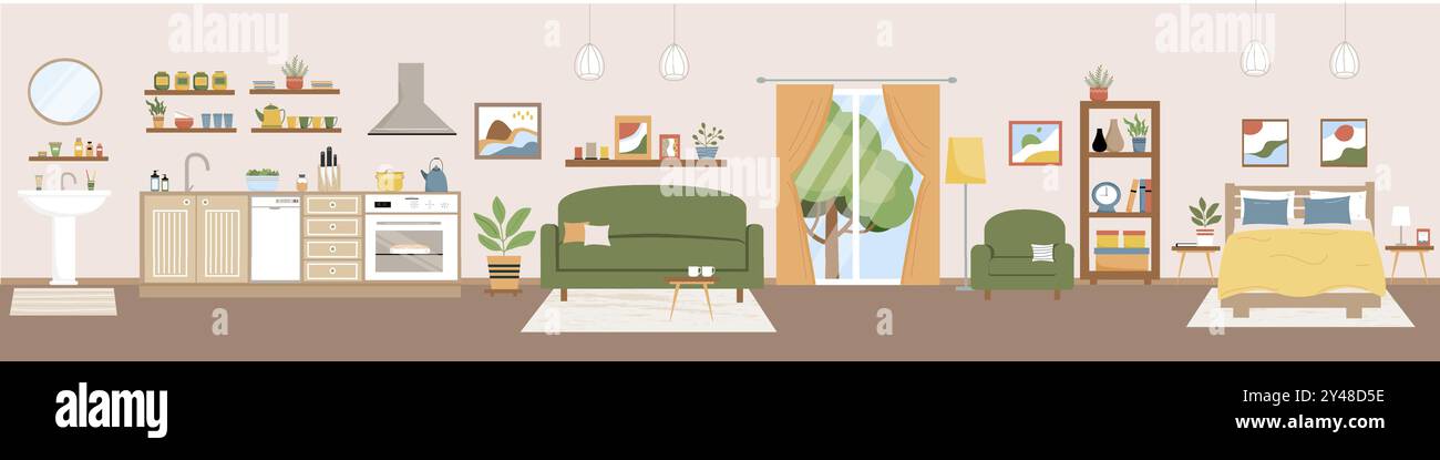 Illustrazione vettoriale del soggiorno. Soggiorno con mobili. Divano, poltrona, tavolo, balcone, scaffale, piante per la casa, tavola, decorazione. Stile piatto. Illustrazione Vettoriale