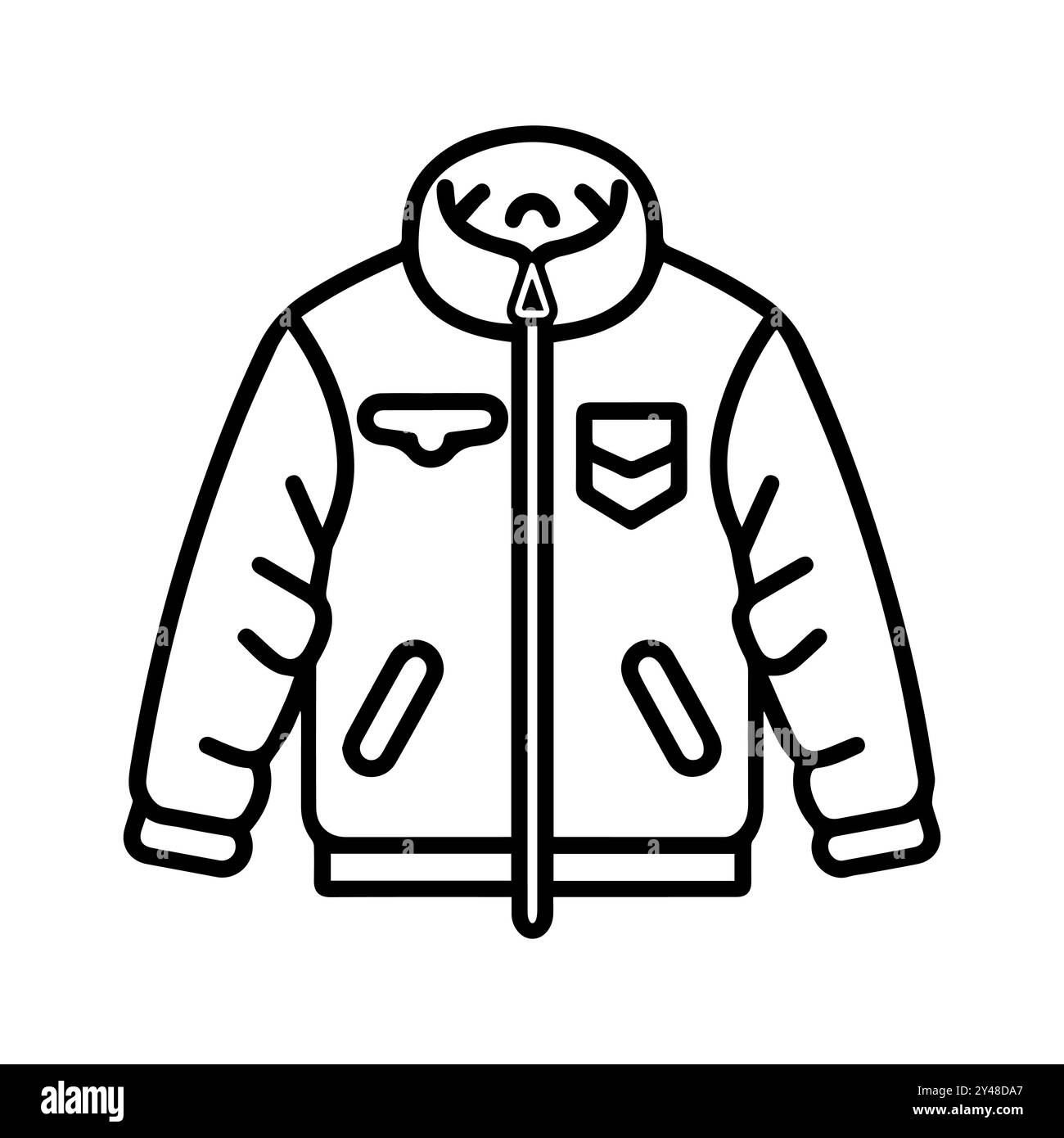 icona della giacca o simbolo della linea moderna. Grafica a linee vettoriali e design a icone con un contorno audace. Bianco e nero simbolo minimalista Pixel Perfect bianco isolato Illustrazione Vettoriale