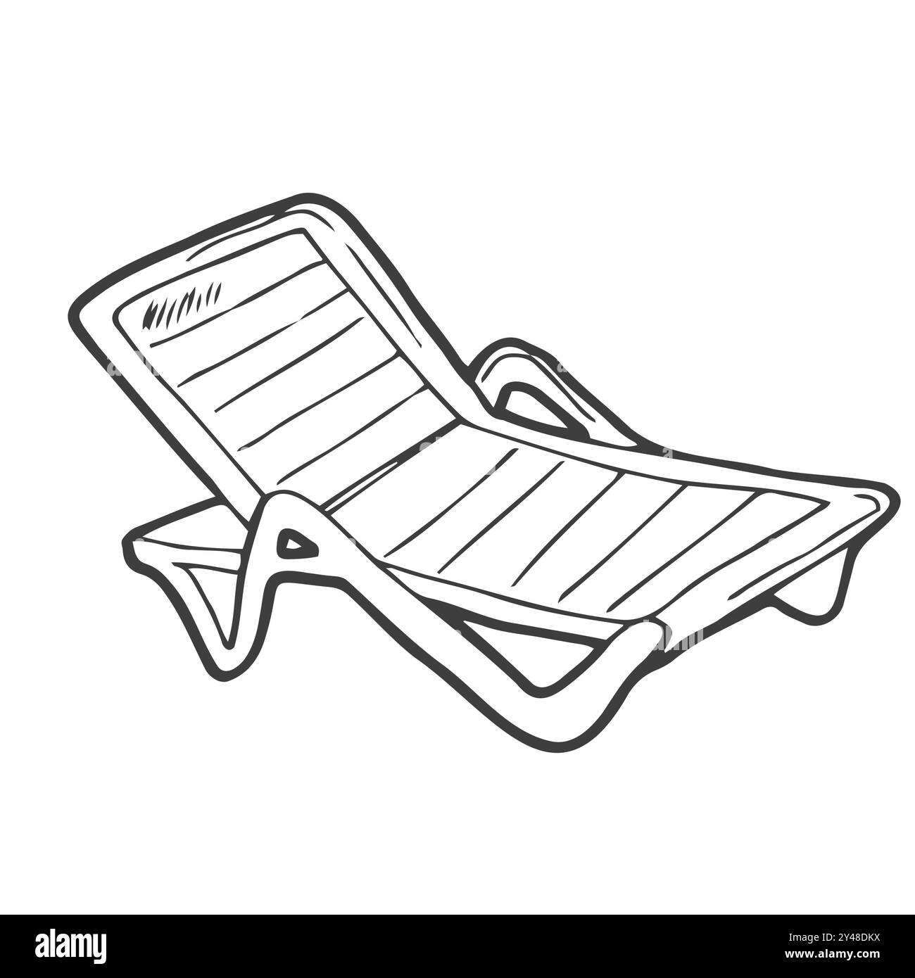 Tavoletta vuota in legno Chezlong situata sullo sfondo bianco dell'oceano per il testo. Contorno nero inchiostro disegnato a mano tropico viaggio a ribalta a ribalta sul mare Illustrazione Vettoriale