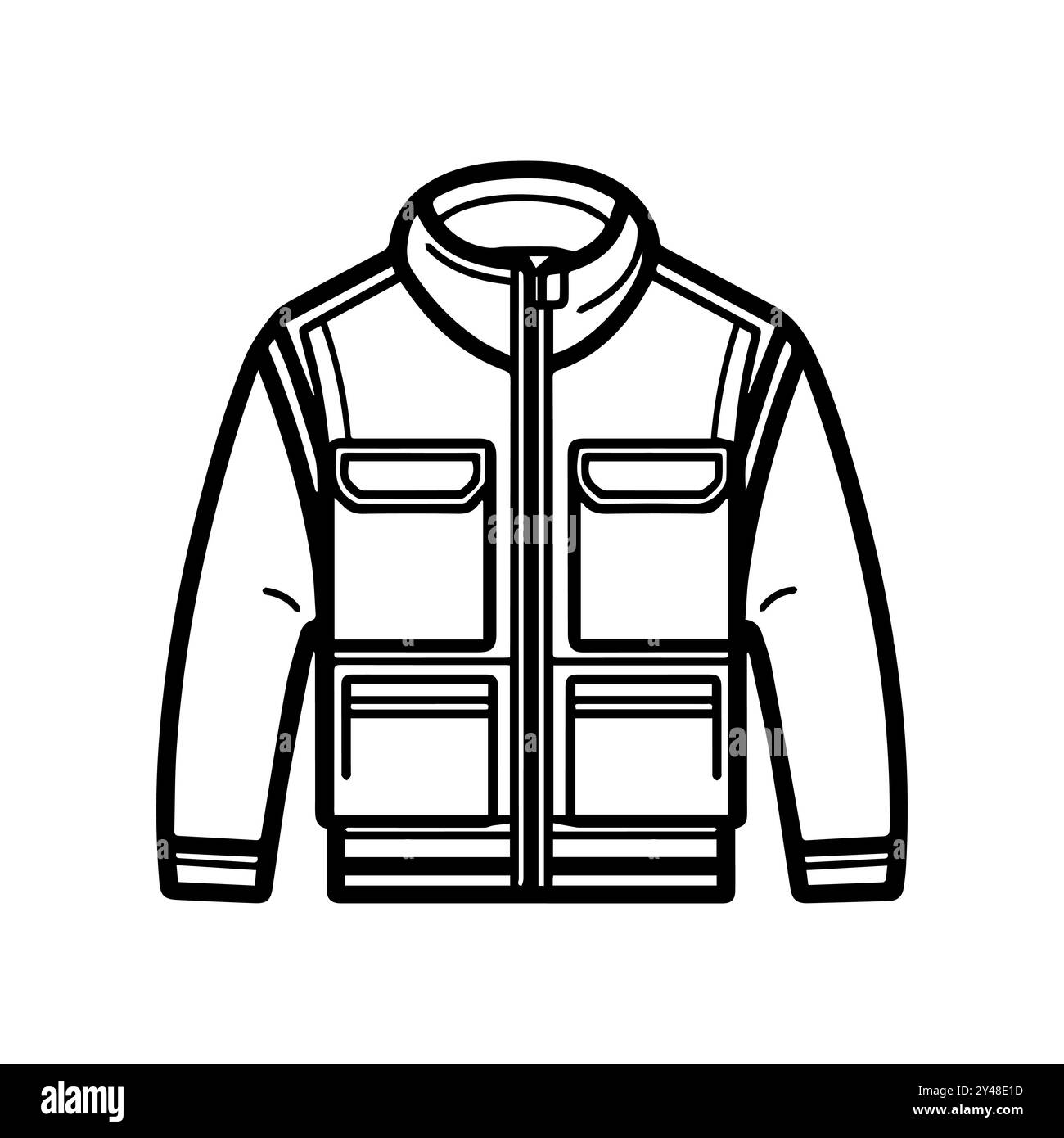 icona della giacca o simbolo della linea moderna. Grafica a linee vettoriali e design a icone con un contorno audace. Bianco e nero simbolo minimalista Pixel Perfect bianco isolato Illustrazione Vettoriale