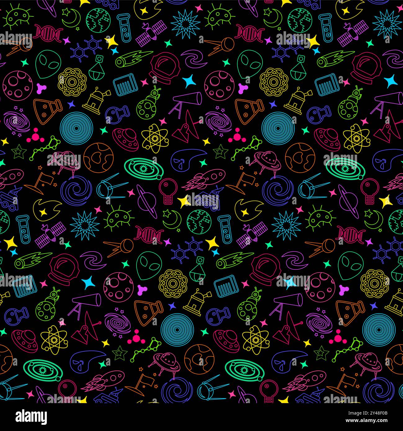 Schema grafico vettoriale senza cuciture al neon con pianeti, lune, stelle, corpi celesti, simboli satelliti orbitanti in uno stile cartoni animati. Meraviglie di Illustrazione Vettoriale