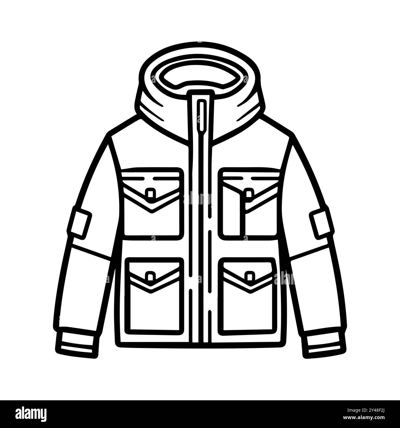 icona della giacca o simbolo della linea moderna. Grafica a linee vettoriali e design a icone con un contorno audace. Bianco e nero simbolo minimalista Pixel Perfect bianco isolato Illustrazione Vettoriale