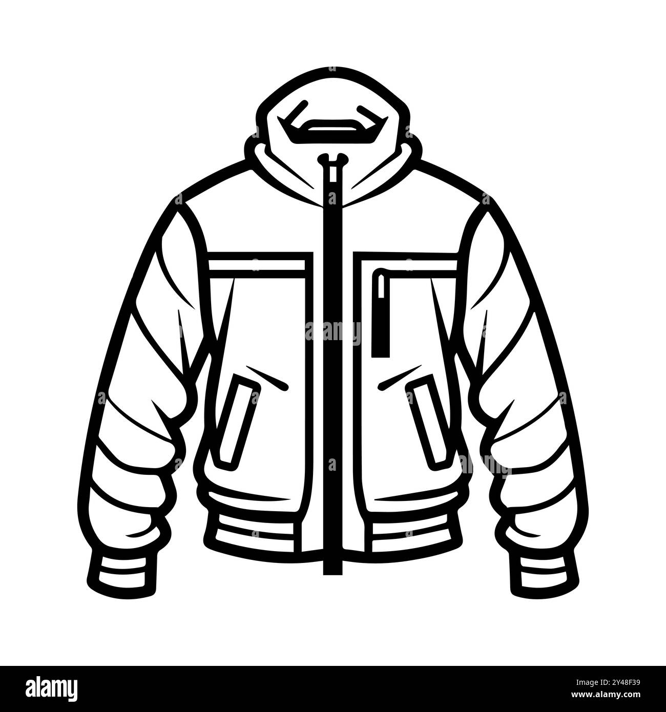 icona della giacca o simbolo della linea moderna. Grafica a linee vettoriali e design a icone con un contorno audace. Bianco e nero simbolo minimalista Pixel Perfect bianco isolato Illustrazione Vettoriale