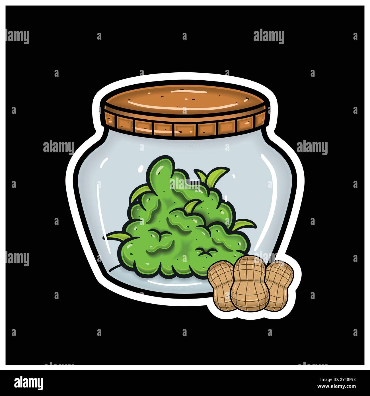Arachide aromatizzate con Cartoon Mascot of Weed Bud on Jar. Per adesivo ed etichetta. Vettore e illustrazione. Illustrazione Vettoriale