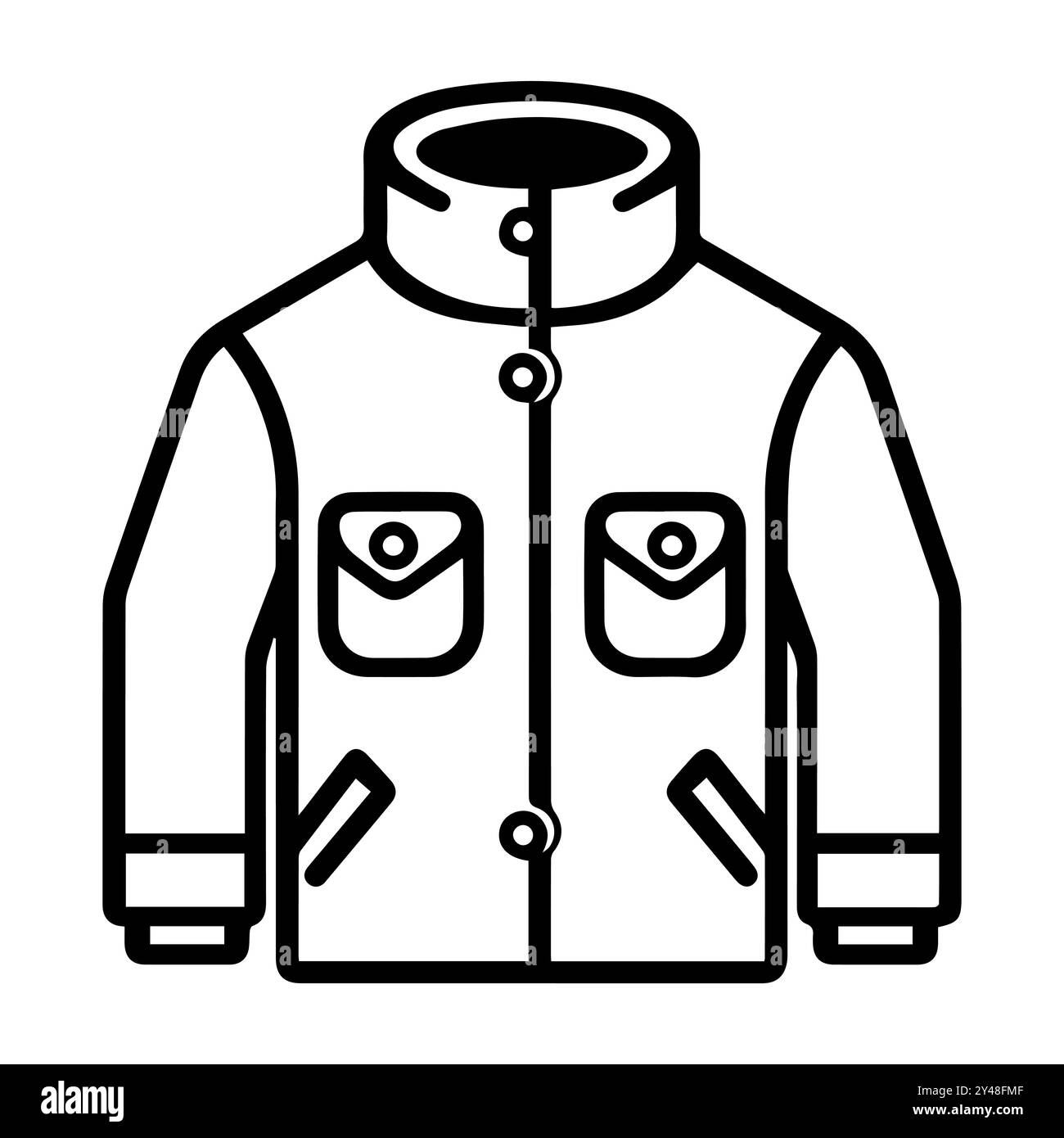 icona della giacca o simbolo della linea moderna. Grafica a linee vettoriali e design a icone con un contorno audace. Bianco e nero simbolo minimalista Pixel Perfect bianco isolato Illustrazione Vettoriale