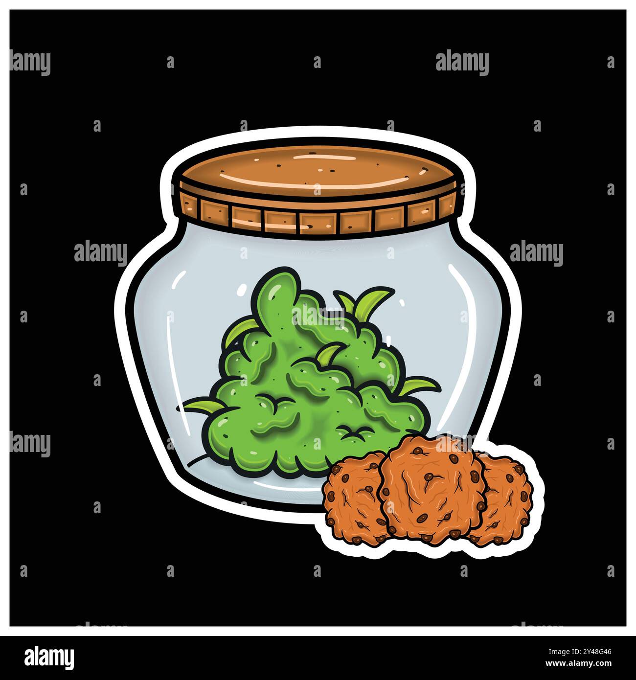 Sapore di biscotti con Cartoon Mascot of Weed Bud on Jar. Per adesivo ed etichetta. Vettore e illustrazione. Illustrazione Vettoriale