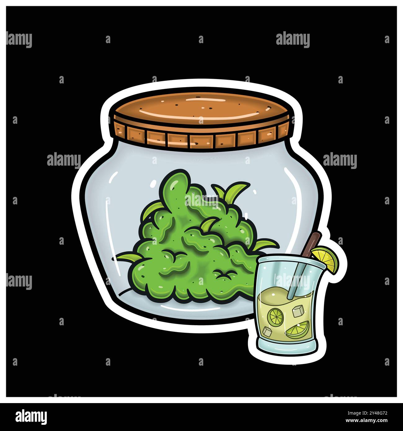 Sapore Mojito con Cartoon Mascot of Weed Bud on Jar. Per adesivo ed etichetta. Vettore e illustrazione. Illustrazione Vettoriale