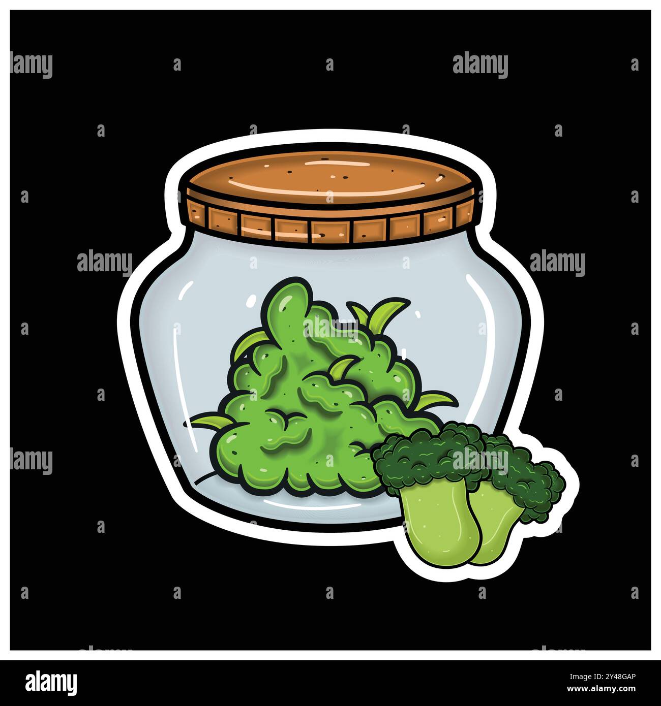 Broccoli al gusto di frutta con Cartoon Mascot of Weed Bud on Jar. Per adesivo ed etichetta. Vettore e illustrazione. Illustrazione Vettoriale