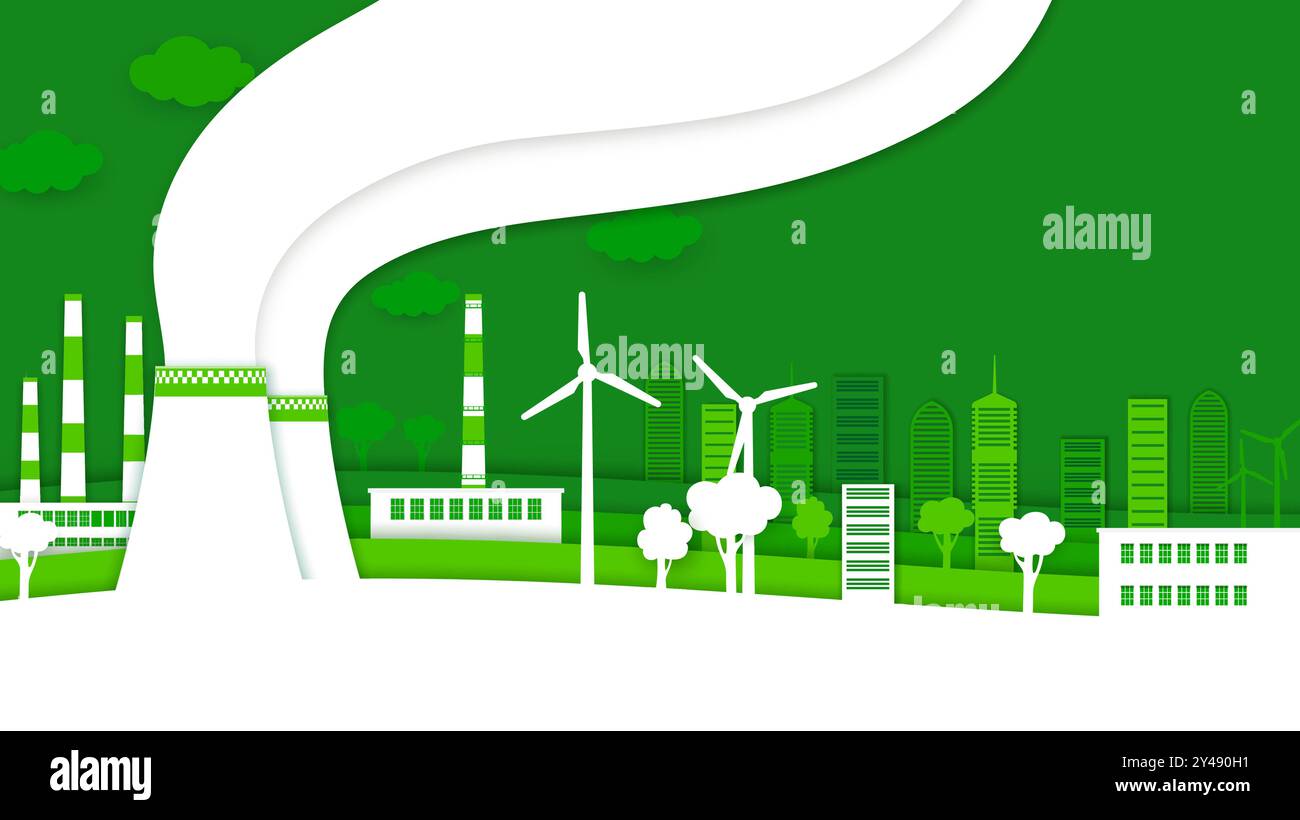 Carta tagliata eco città con impianto ecologico. paesaggio urbano ecosostenibile e vettoriale 3d con turbine eoliche, edifici e alberi in verde e bianco. Energie rinnovabili, sviluppo urbano ambientale Illustrazione Vettoriale