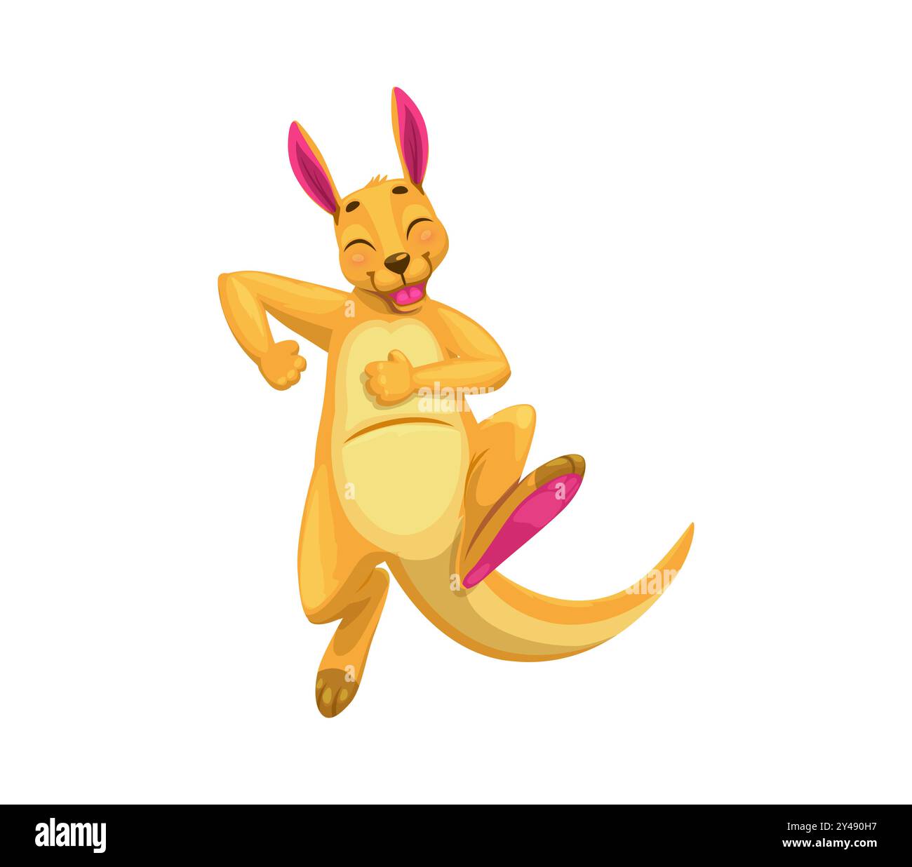 Cartoni animati divertente canguro personaggio animale mid-jump. Wallaby animale australiano vettoriale isolato, divertente e allegro, che trasuda energia e felicità. Sorridente comico movimento di salto wallaroo Illustrazione Vettoriale