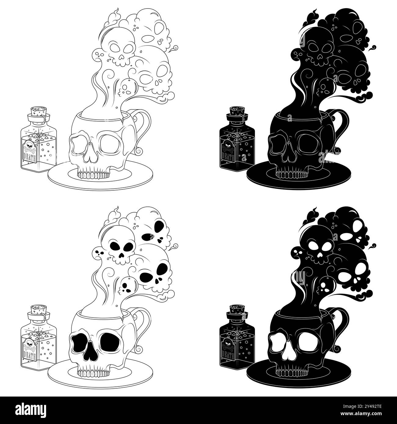Tazza di tè avvelenato con forma di cranio umano, tazza di caffè a forma di cranio con fumo tossico di morte, tazza demoniaca per Halloween Illustrazione Vettoriale