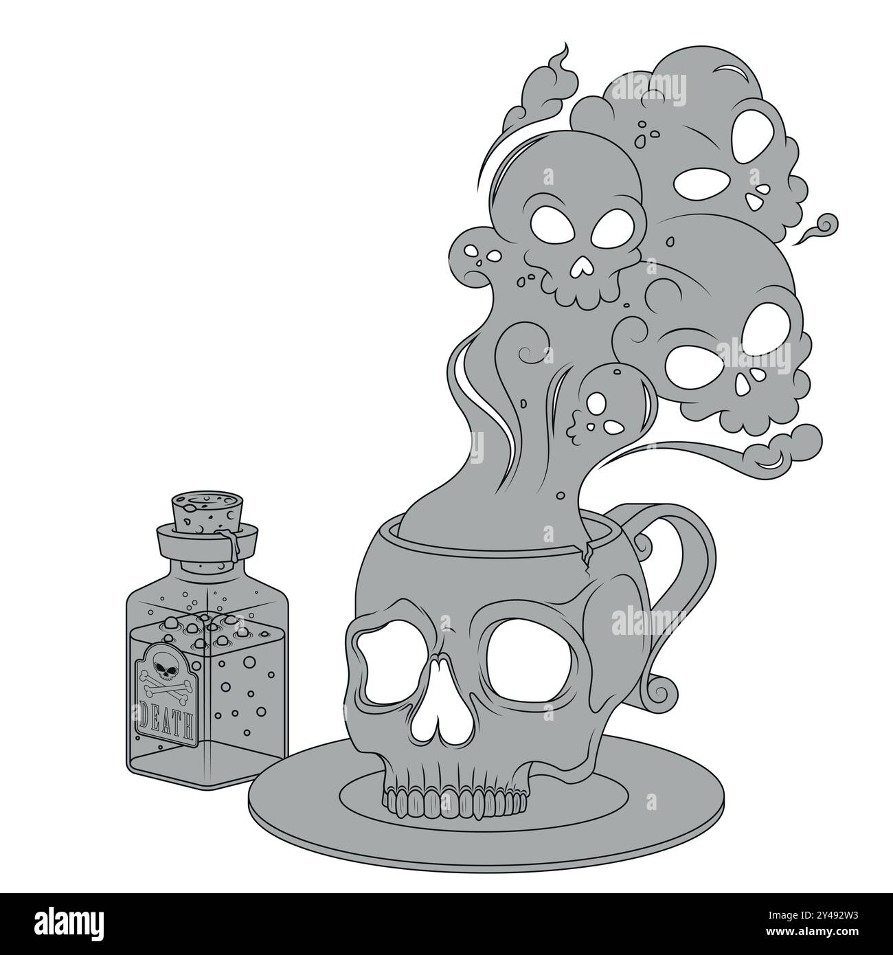 Tazza di tè avvelenato con forma di cranio umano, tazza di caffè a forma di cranio con fumo tossico di morte, tazza demoniaca per Halloween Illustrazione Vettoriale