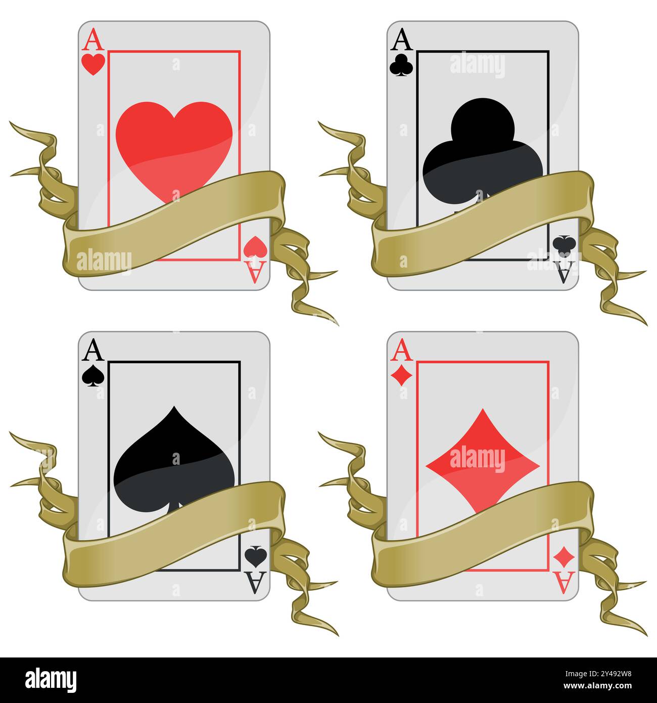 design vettoriale di carte da poker con nastri, simboli di poker come cuore, diamante, trifoglio e asso Illustrazione Vettoriale