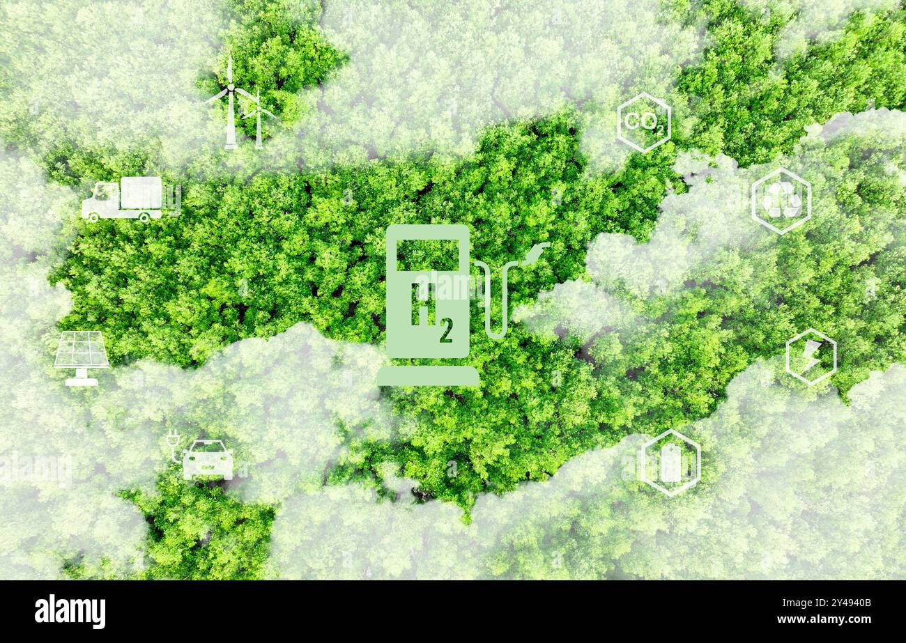 Generazione di energia a idrogeno verde utilizzando risorse rinnovabili sostenibili come il sole e l'eolico. Veicolo a celle a combustibile a idrogeno con emissioni zero. Tecnologia verde Foto Stock