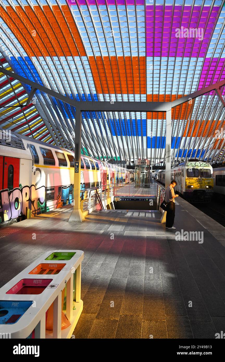 BELGIO. VALLONIA. LIEGI. LA STAZIONE FERROVIARIA DI GUILLEMINS, COSTRUITA NEL 2009 DALL'ARCHITETTO SPAGNOLO SANTIAGO CALATRAVA, È STATA DECORATA DALL'ARTISTA FRANCESE Foto Stock