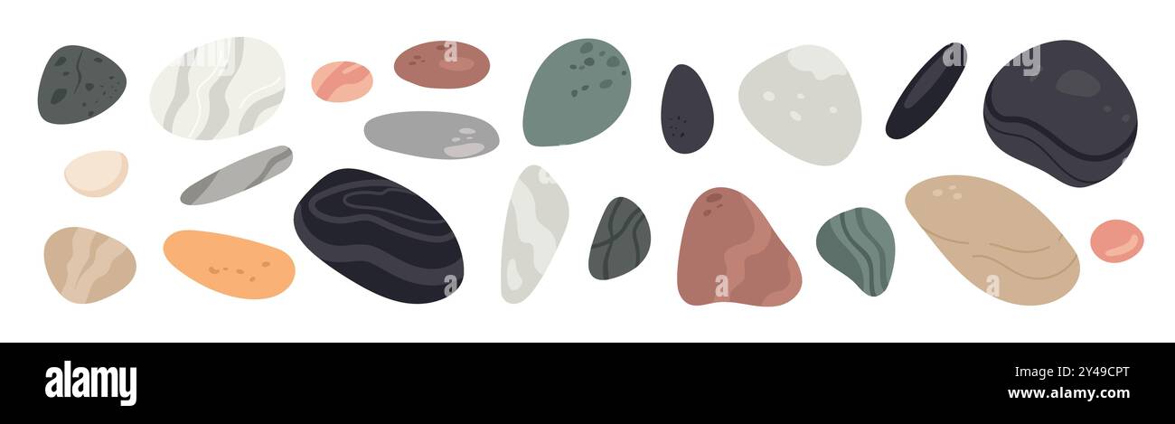 Pietre di ghiaia. Rocce lisce arrotolate dal mare. Ghiaia arrotondata con texture. Diverse forme astratte. Formazioni naturali. Massi solidi ovali. Centro benessere Illustrazione Vettoriale