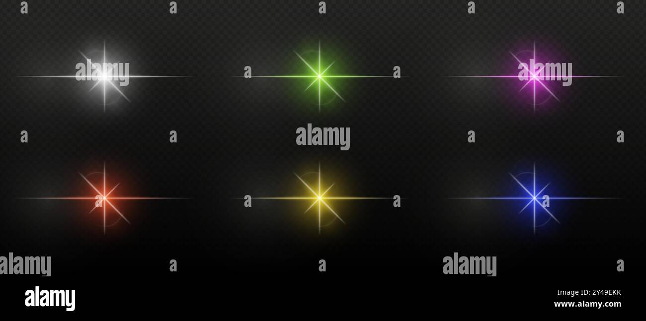 Strisce colorate al neon o flash luminoso con stella. Fasci laser, fasci orizzontali. Splendidi riflessi di luce. Strisce luminose su sfondo nero. Illustrazione Vettoriale