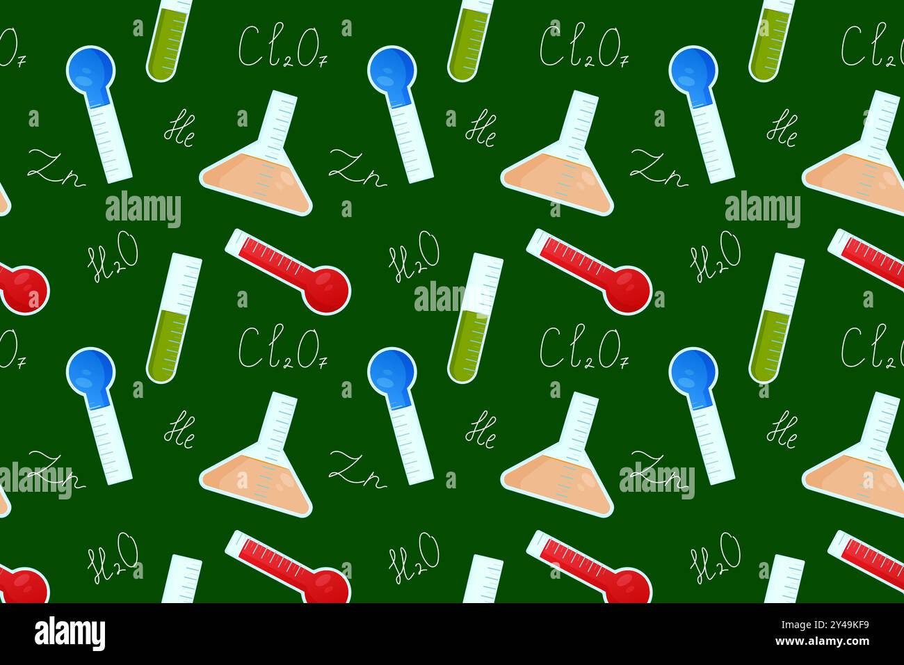 Modello vettoriale senza cuciture con apparecchiature colorate da laboratorio per chimica, tra cui provette, matracci e termometri, su sfondo verde scuro. Illustrazione Vettoriale