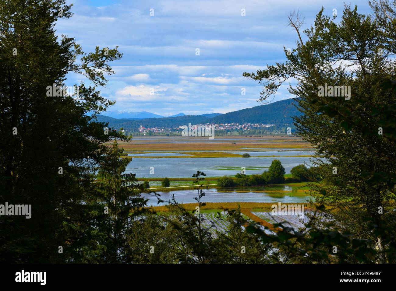 Vista della città di Cerknica e del lago Cerknica a Notranjska, Slovenia Foto Stock