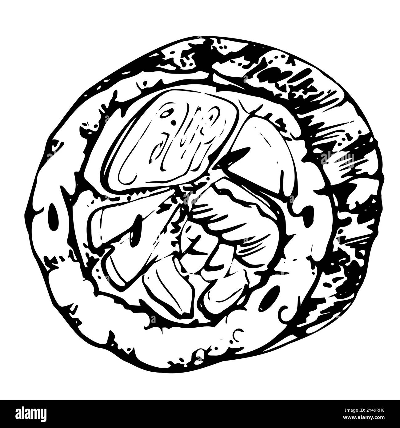Cucina tradizionale giapponese, sushi roll pesce crudo unagi maki piccante, avocado al cetriolo, salsa di soia teriyaki macchie gocce, disegnato a mano in penna vettoriale, inchiostro Illustrazione Vettoriale