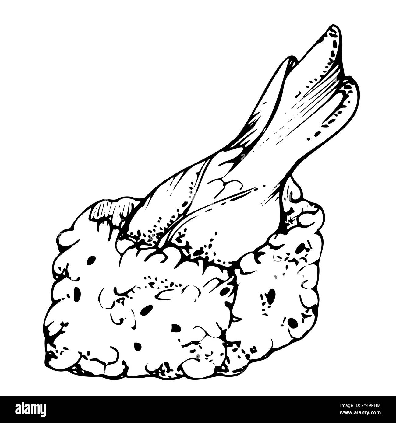 Cucina tradizionale giapponese, sushi roll pesce crudo tempura gamberi coda di gamberi, fette di avocado di tonno di salmone, gocce di macchie, disegnate a mano in penna vettoriale e inchiostro Illustrazione Vettoriale