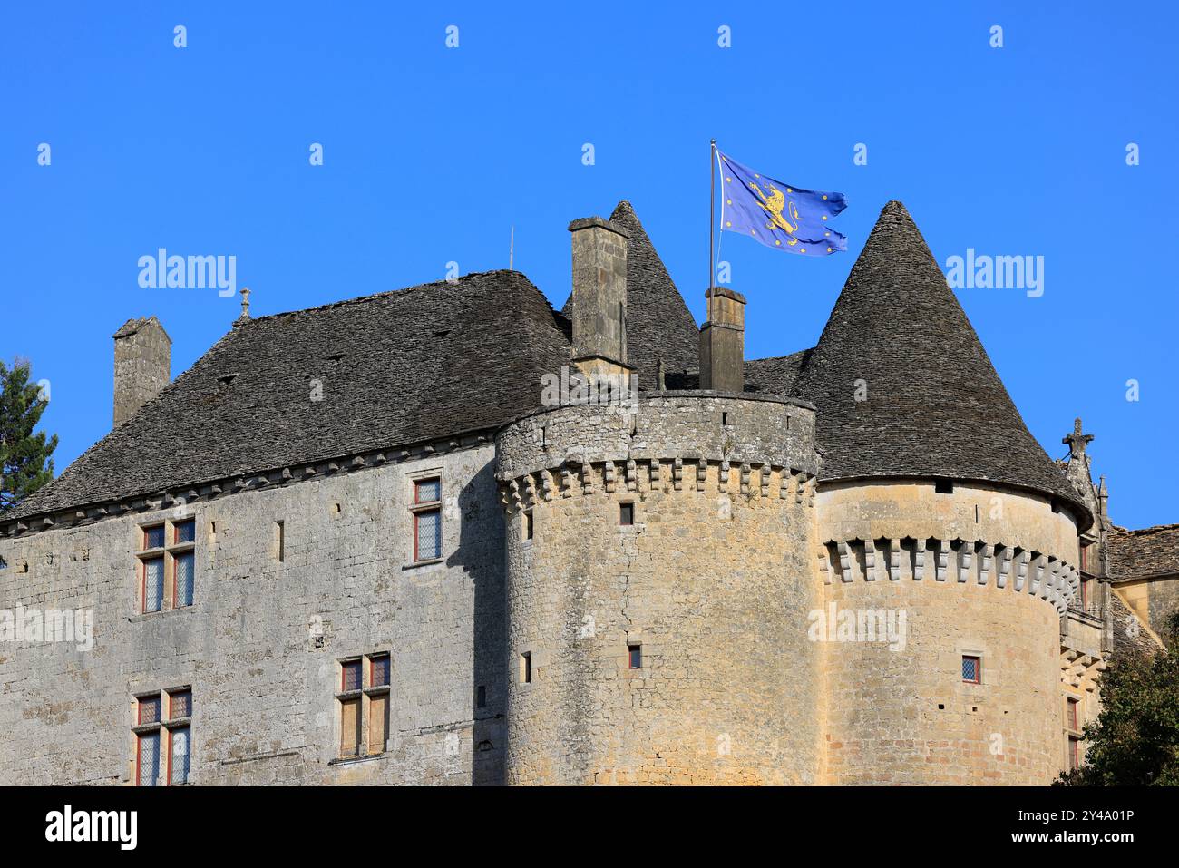 Il castello fortificato di Fénelon nel Périgord Noir. Storia, patrimonio, turismo, film e televisione. Sainte-Mondane, Dordogne, Périgord, New Aquitai Foto Stock