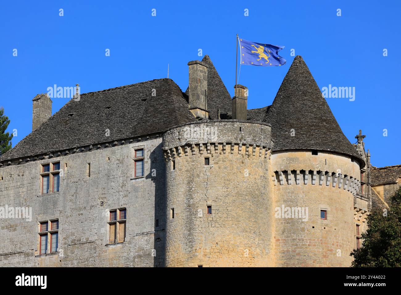 Il castello fortificato di Fénelon nel Périgord Noir. Storia, patrimonio, turismo, film e televisione. Sainte-Mondane, Dordogne, Périgord, New Aquitai Foto Stock