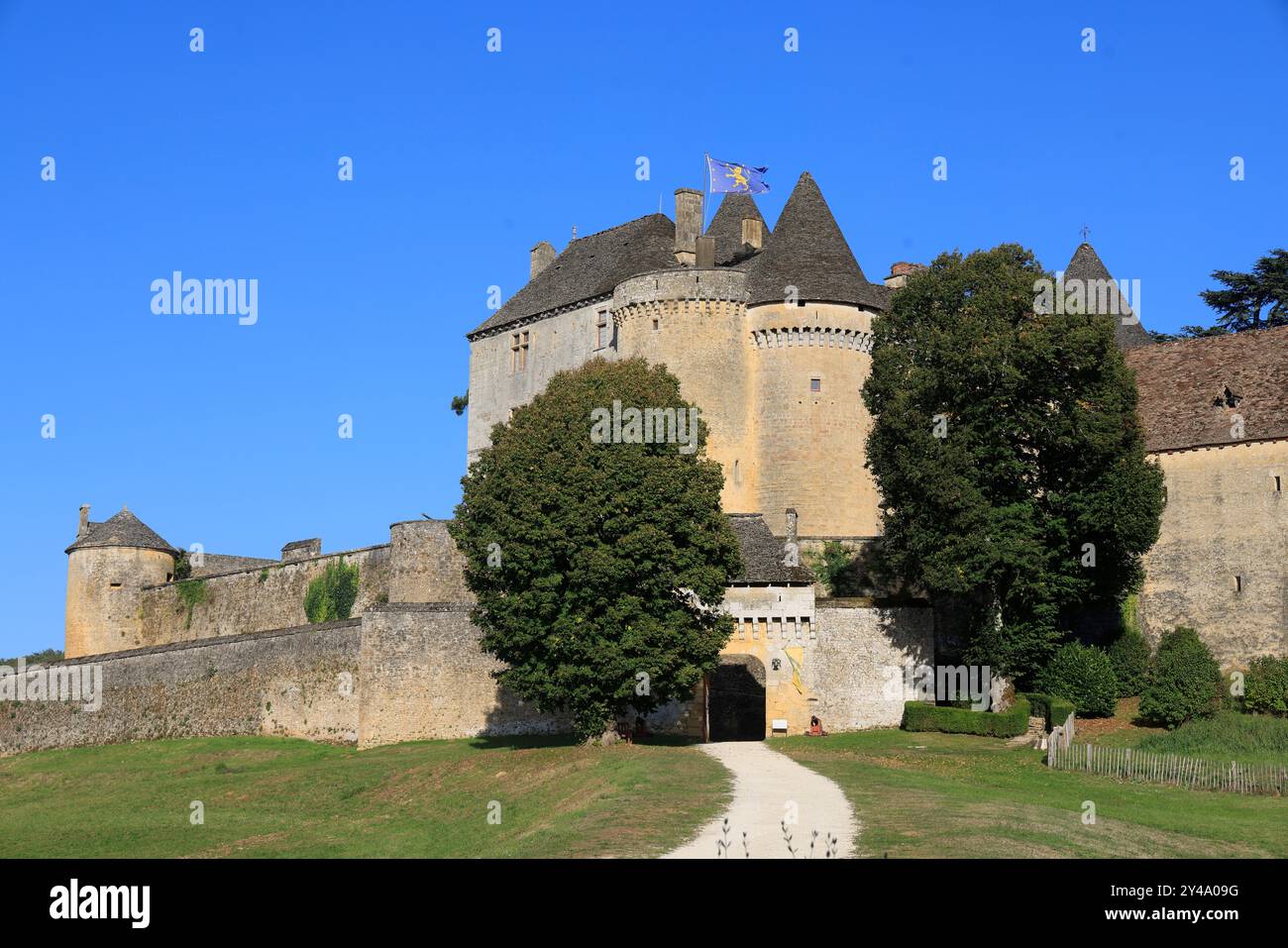 Il castello fortificato di Fénelon nel Périgord Noir. Storia, patrimonio, turismo, film e televisione. Sainte-Mondane, Dordogne, Périgord, New Aquitai Foto Stock