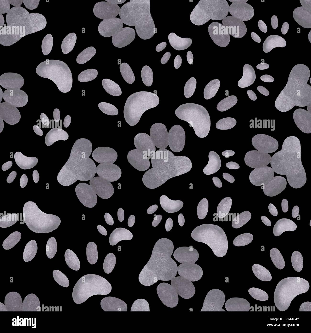 Motivo acquerello senza cuciture. Zampe e zampe di animali domestici, cani e gatti su sfondo nero, tutti gli oggetti sono dipinti a mano con acquerelli. Foto Stock