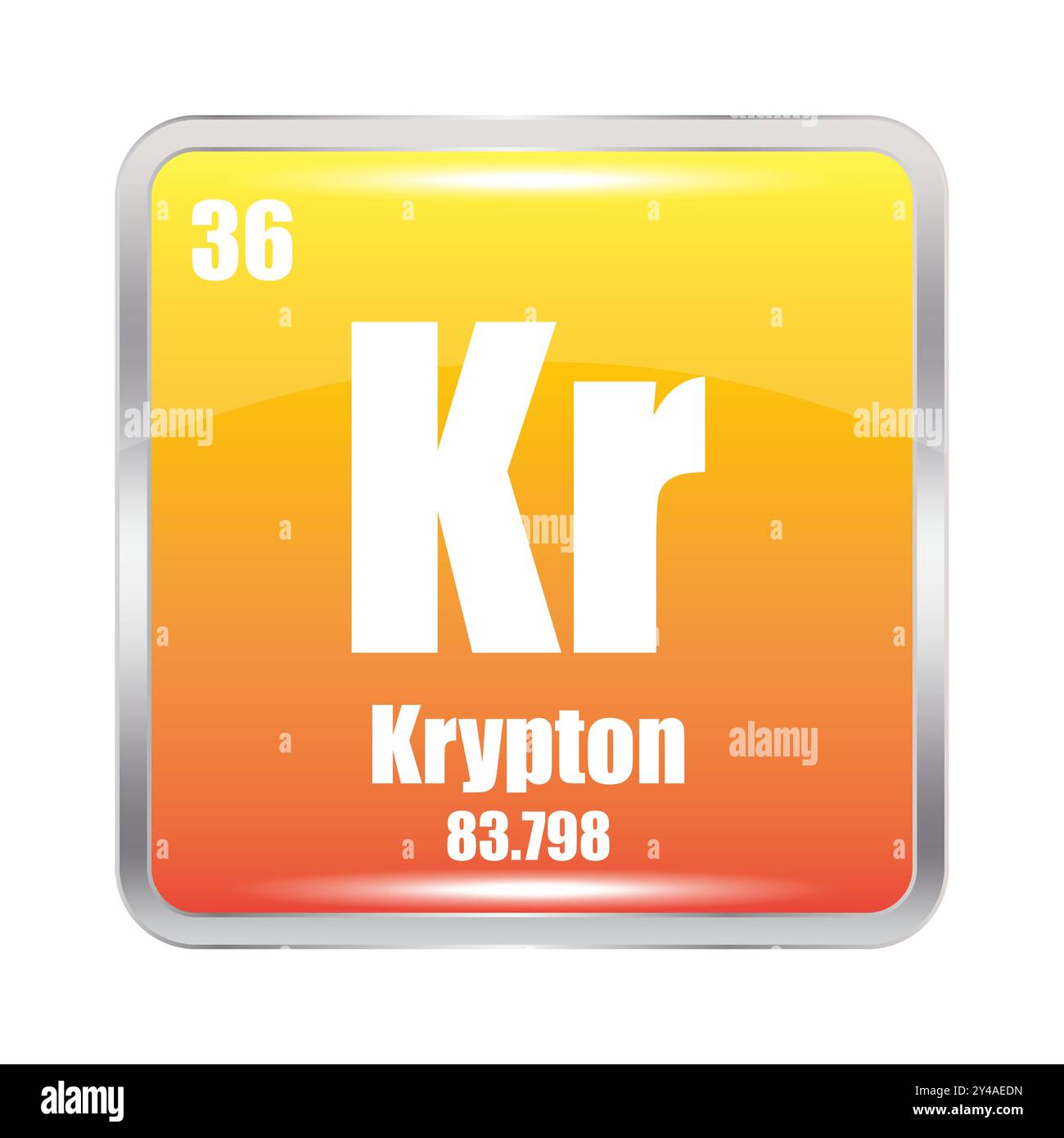 Icona Krypton. Elemento chimico KR. Numero atomico 36. Massa 83.798. Sfondo giallo. Illustrazione Vettoriale