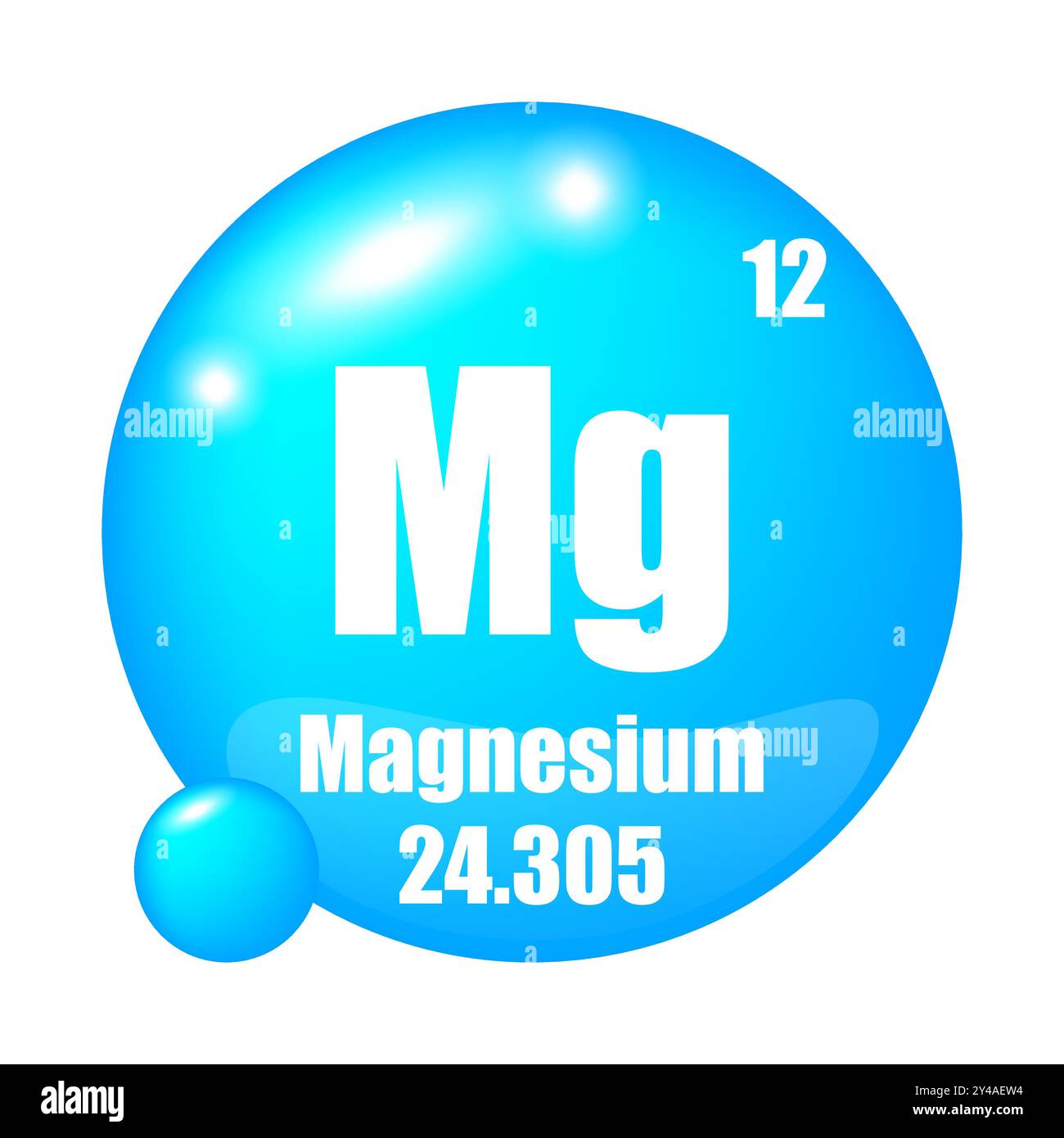 Icona dell'elemento in magnesio. Numero atomico 12. Massa atomica 24.305. Simbolo circolare blu. Illustrazione Vettoriale