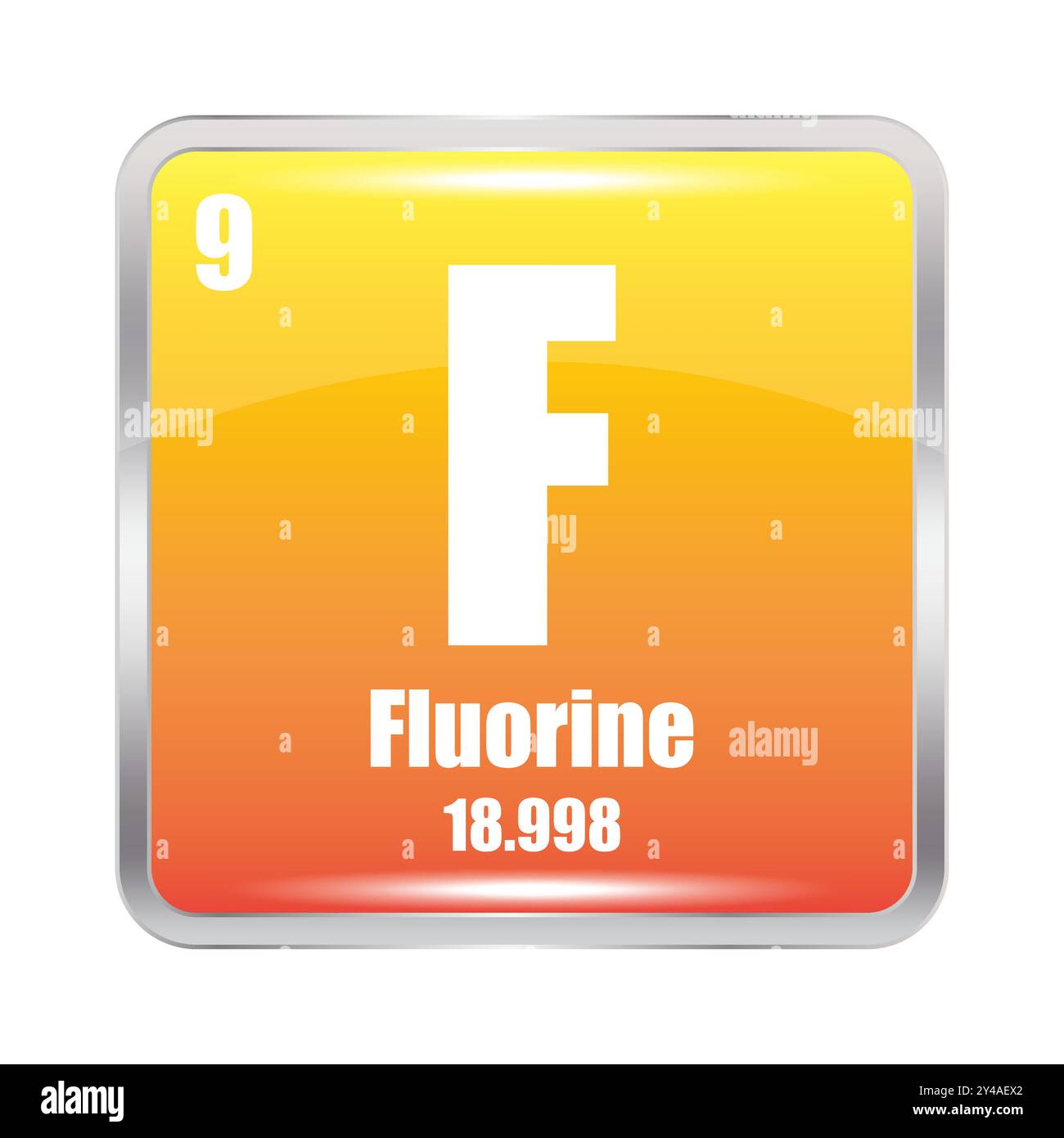 Elemento di fluoro quadrato. Simbolo F. Numero atomico 9. Massa atomica 18.998. Illustrazione Vettoriale