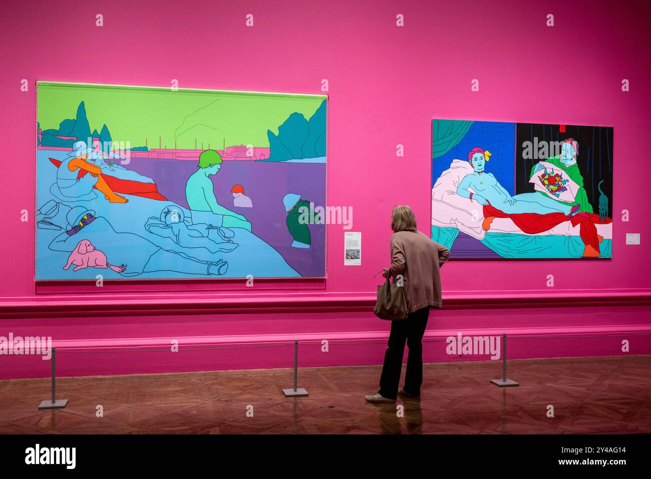 Londra, Regno Unito. 17 settembre 2024. (L) "ricostruire Seurat (viola)", 2004, e "Manet's Olympia", 2023, in anteprima della prima mostra personale dell'artista Michael Craig-Martin RA alla Royal Academy of Arts I suoi caratteristici grandi dipinti dai colori vivaci di oggetti di uso quotidiano, accanto a scultura, pittura e disegno, nonché drammatiche installazioni site-specific e una nuova opera digitale immersiva sono tra le oltre 120 opere dagli anni '1960 ai giorni nostri esposte dal 21 settembre al 10 dicembre 2024. Crediti: Stephen Chung / Alamy Live News Foto Stock